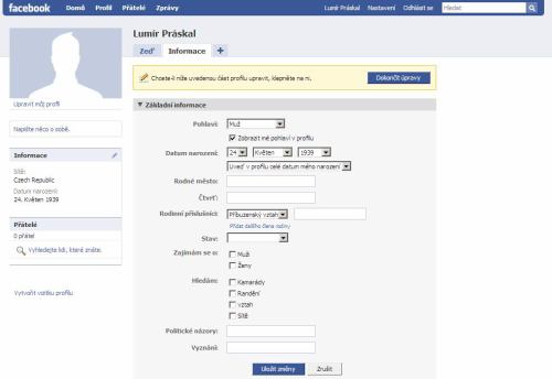 Facebook vyplnění profilu